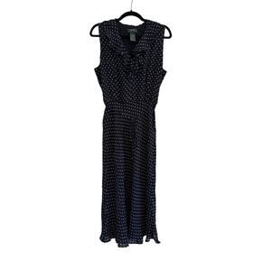 Lauren Ralph Lauren Belted Polka Dot Midi Dress Womens 10 Blue Old Money Preppy